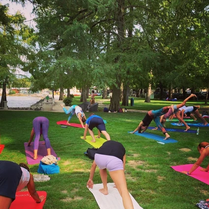 Yoga group lesson outdoors with a view on Lake Garda 23